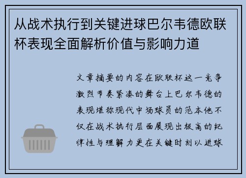 从战术执行到关键进球巴尔韦德欧联杯表现全面解析价值与影响力道
