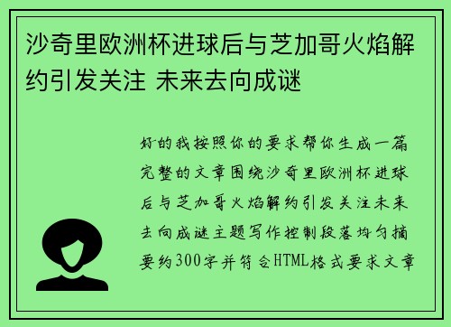 沙奇里欧洲杯进球后与芝加哥火焰解约引发关注 未来去向成谜